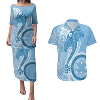 Micronesia FSM Couples Matching Puletasi and Hawaiian Shirt Shark and Manta Classic Style