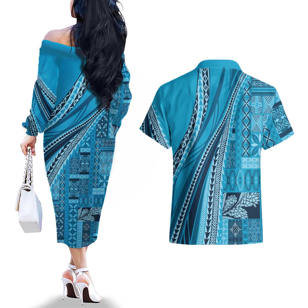 Pasifika Women's Day - Samoa Siapo Malu Tattoo Inspired Couples Matching Off The Shoulder Long Sleeve Dress and Hawaiian Shirt Turquoise