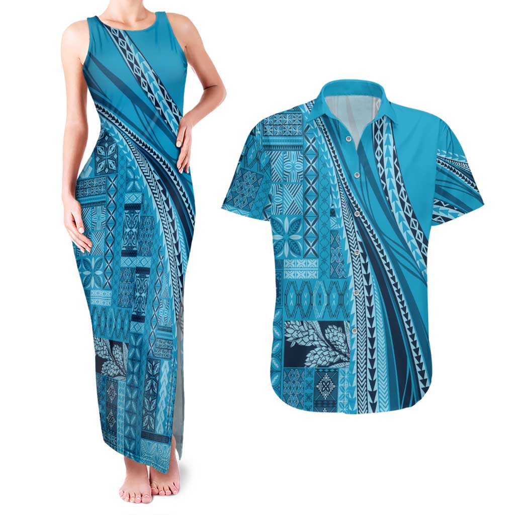 Pasifika Women's Day - Samoa Siapo Malu Tattoo Inspired Couples Matching Tank Maxi Dress and Hawaiian Shirt Turquoise
