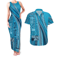 Pasifika Women's Day - Samoa Siapo Malu Tattoo Inspired Couples Matching Tank Maxi Dress and Hawaiian Shirt Turquoise