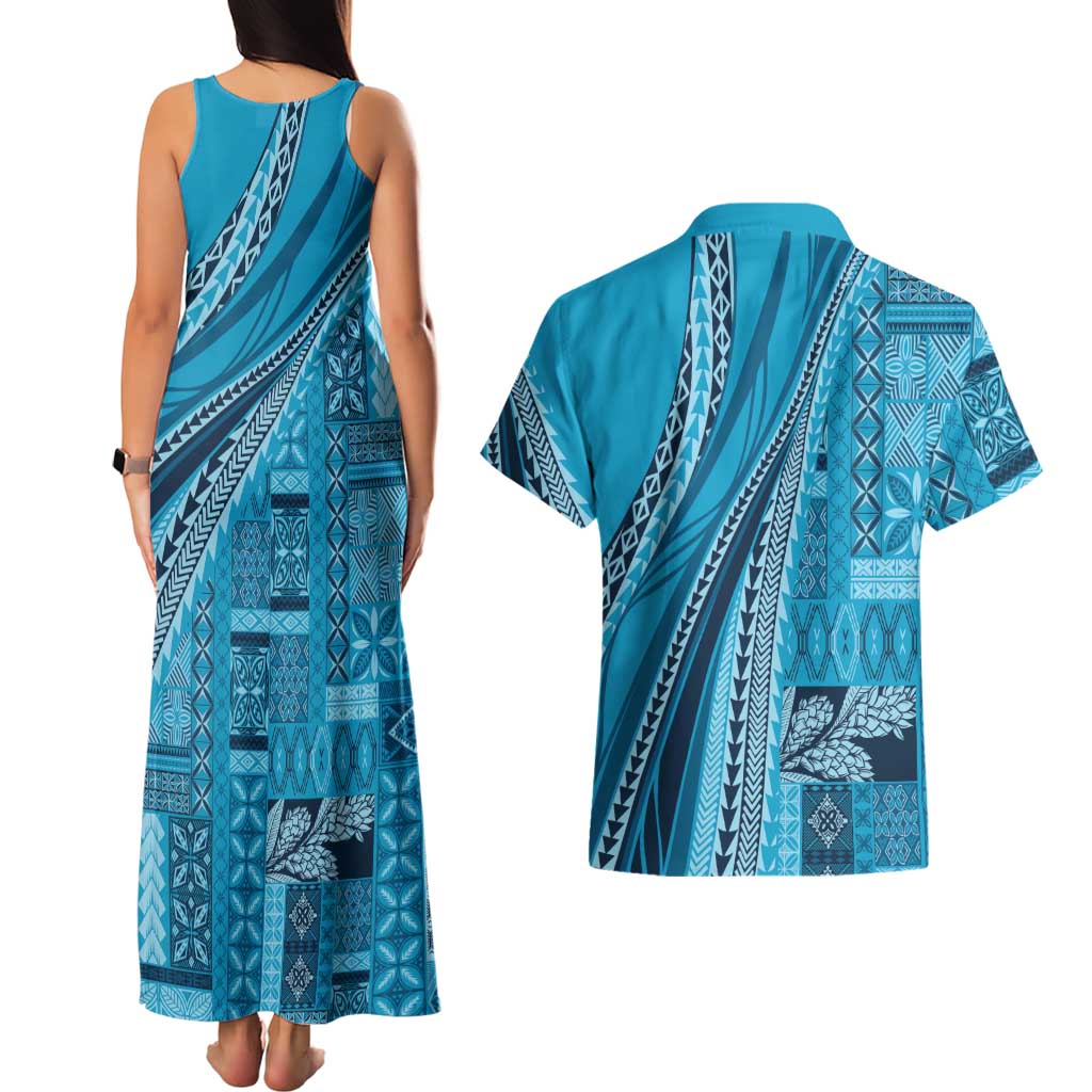 Pasifika Women's Day - Samoa Siapo Malu Tattoo Inspired Couples Matching Tank Maxi Dress and Hawaiian Shirt Turquoise