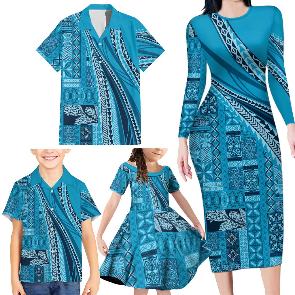 Pasifika Women's Day - Samoa Siapo Malu Tattoo Inspired Family Matching Long Sleeve Bodycon Dress and Hawaiian Shirt Turquoise LT7 - Polynesian Pride