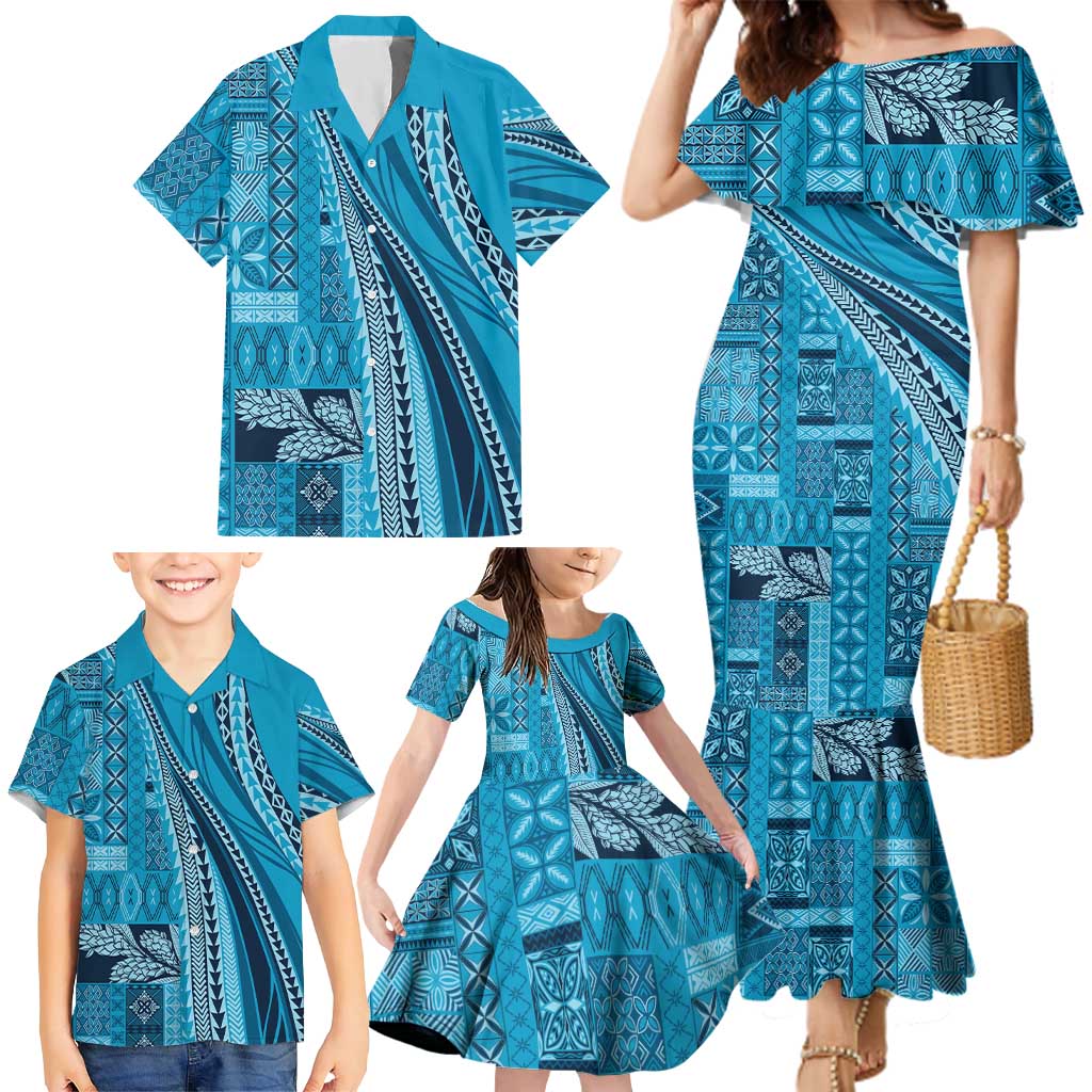 Pasifika Women's Day - Samoa Siapo Malu Tattoo Inspired Family Matching Mermaid Dress and Hawaiian Shirt Turquoise LT7 - Polynesian Pride