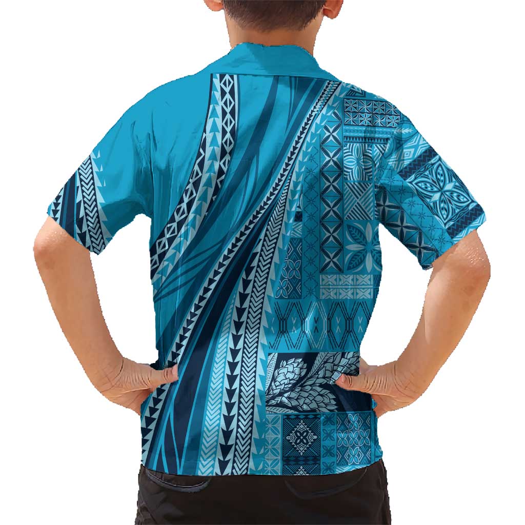 Pasifika Women's Day - Samoa Siapo Malu Tattoo Inspired Family Matching Off The Shoulder Long Sleeve Dress and Hawaiian Shirt Turquoise