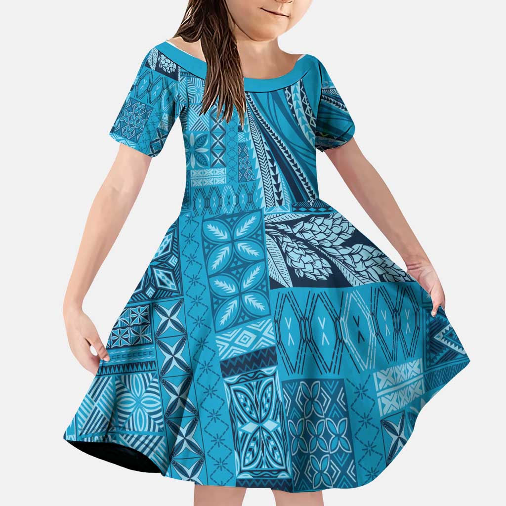 Pasifika Women's Day - Samoa Siapo Malu Tattoo Inspired Family Matching Off The Shoulder Long Sleeve Dress and Hawaiian Shirt Turquoise