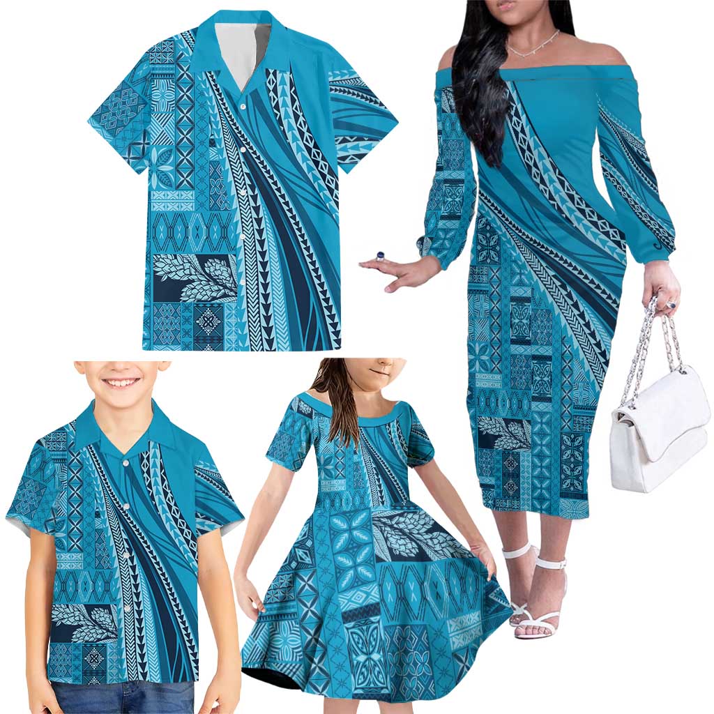 Pasifika Women's Day - Samoa Siapo Malu Tattoo Inspired Family Matching Off The Shoulder Long Sleeve Dress and Hawaiian Shirt Turquoise