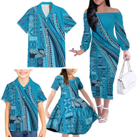 Pasifika Women's Day - Samoa Siapo Malu Tattoo Inspired Family Matching Off The Shoulder Long Sleeve Dress and Hawaiian Shirt Turquoise