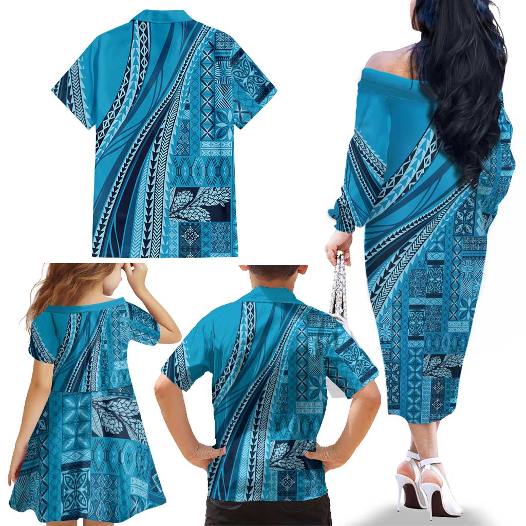 Pasifika Women's Day - Samoa Siapo Malu Tattoo Inspired Family Matching Off The Shoulder Long Sleeve Dress and Hawaiian Shirt Turquoise