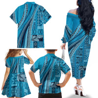 Pasifika Women's Day - Samoa Siapo Malu Tattoo Inspired Family Matching Off The Shoulder Long Sleeve Dress and Hawaiian Shirt Turquoise