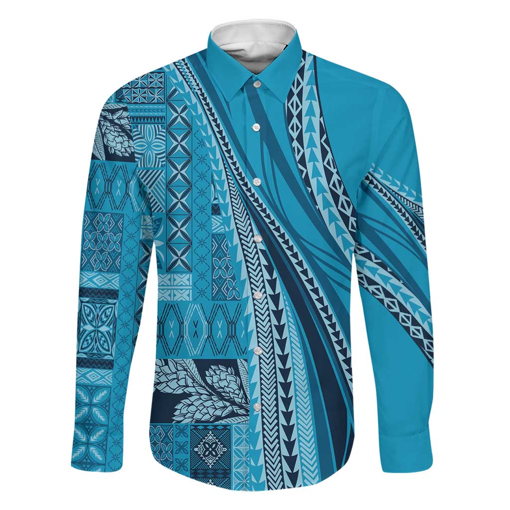 Pasifika Women's Day - Samoa Siapo Malu Tattoo Inspired Family Matching Off The Shoulder Long Sleeve Dress and Hawaiian Shirt Turquoise