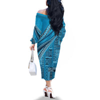 Pasifika Women's Day - Samoa Siapo Malu Tattoo Inspired Family Matching Off The Shoulder Long Sleeve Dress and Hawaiian Shirt Turquoise