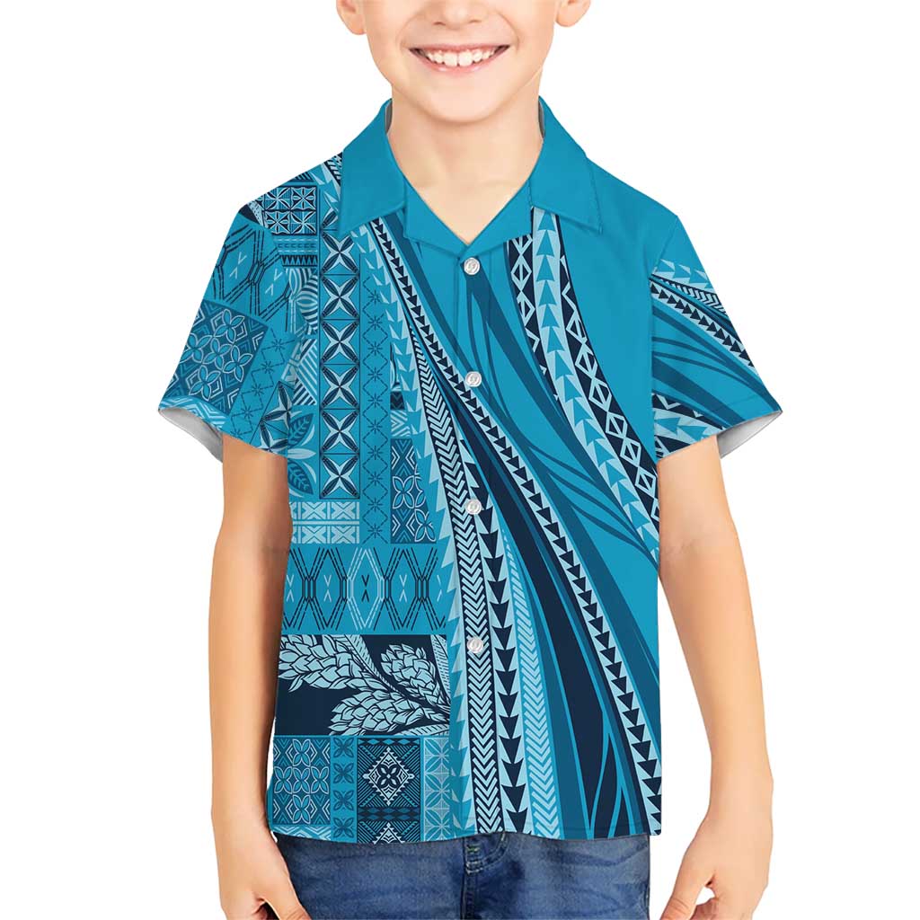 Pasifika Women's Day - Samoa Siapo Malu Tattoo Inspired Family Matching Off The Shoulder Long Sleeve Dress and Hawaiian Shirt Turquoise