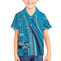 Pasifika Women's Day - Samoa Siapo Malu Tattoo Inspired Family Matching Off The Shoulder Long Sleeve Dress and Hawaiian Shirt Turquoise