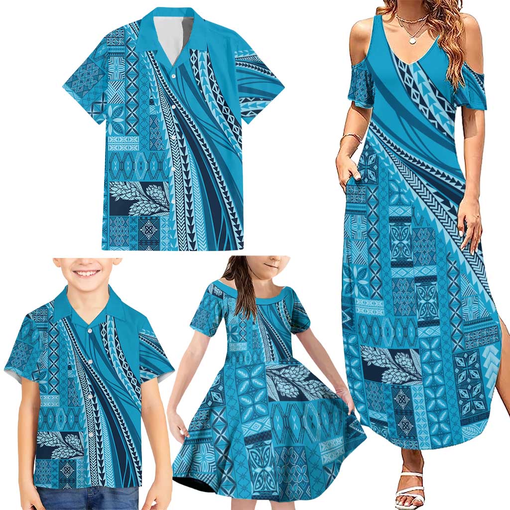 Pasifika Women's Day - Samoa Siapo Malu Tattoo Inspired Family Matching Summer Maxi Dress and Hawaiian Shirt Turquoise LT7 - Polynesian Pride