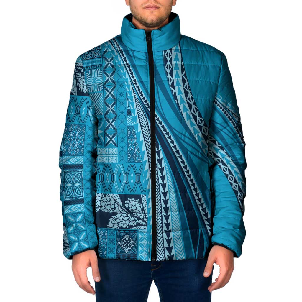 Pasifika Women's Day - Samoa Siapo Malu Tattoo Inspired Padded Jacket Turquoise LT7 Men Turquoise - Polynesian Pride