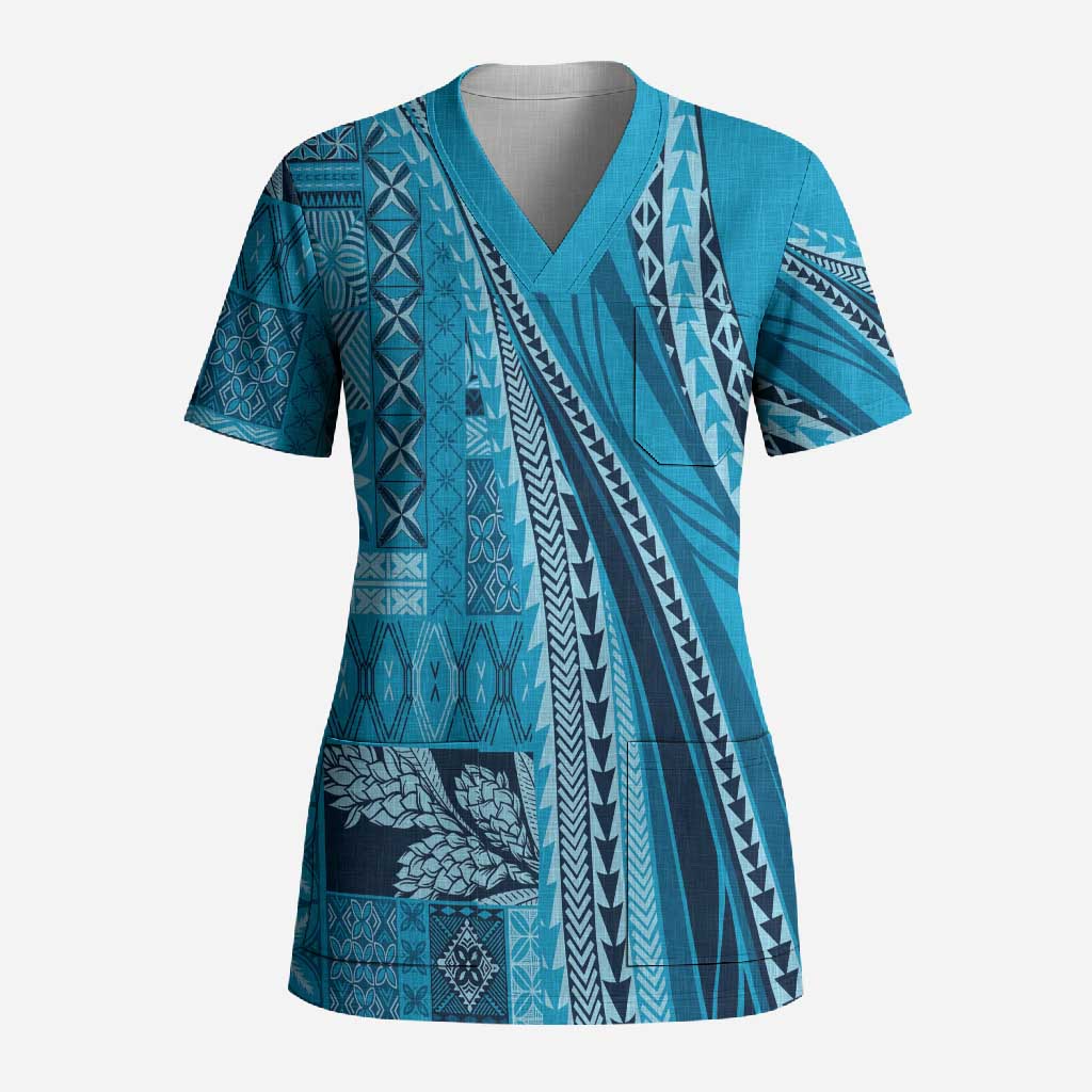 Pasifika Women's Day - Samoa Siapo Malu Tattoo Inspired Scrub Top Turquoise