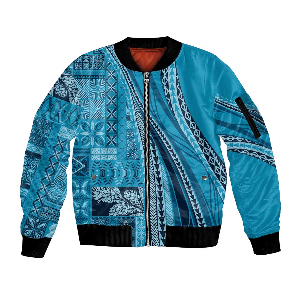 Pasifika Women's Day - Samoa Siapo Malu Tattoo Inspired Sleeve Zip Bomber Jacket Turquoise LT7 Unisex Turquoise - Polynesian Pride