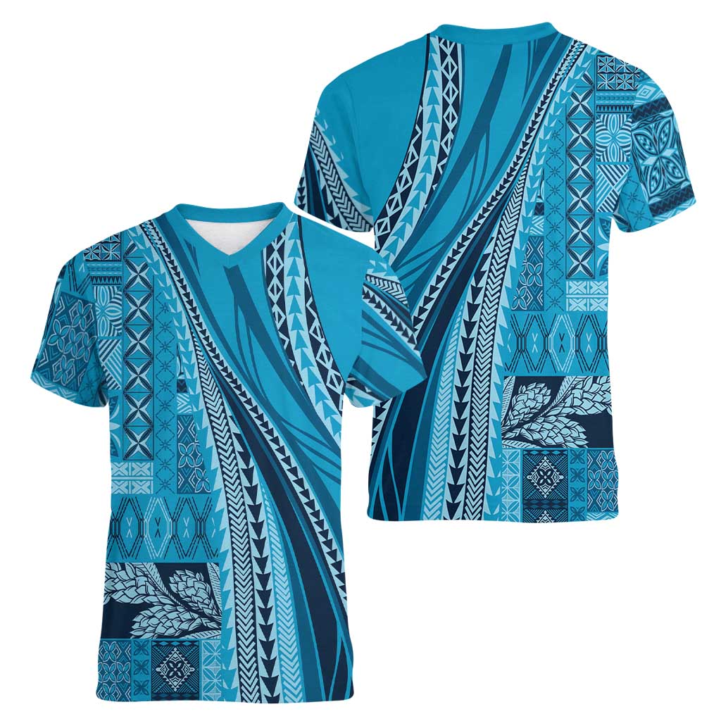 Pasifika Women's Day - Samoa Siapo Malu Tattoo Inspired Women V-Neck T-Shirt Turquoise