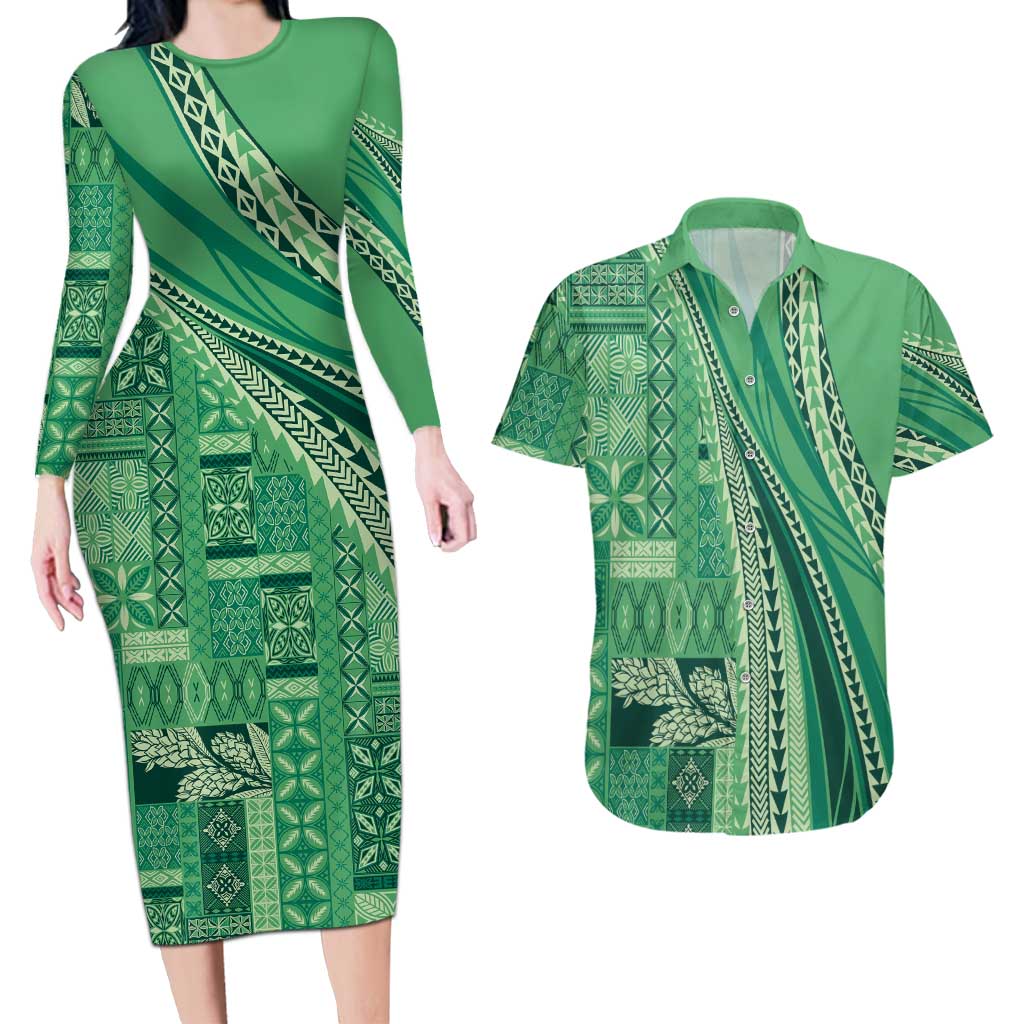 Pasifika Women's Day - Samoa Siapo Malu Tattoo Inspired Couples Matching Long Sleeve Bodycon Dress and Hawaiian Shirt Jade