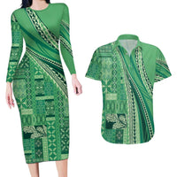 Pasifika Women's Day - Samoa Siapo Malu Tattoo Inspired Couples Matching Long Sleeve Bodycon Dress and Hawaiian Shirt Jade