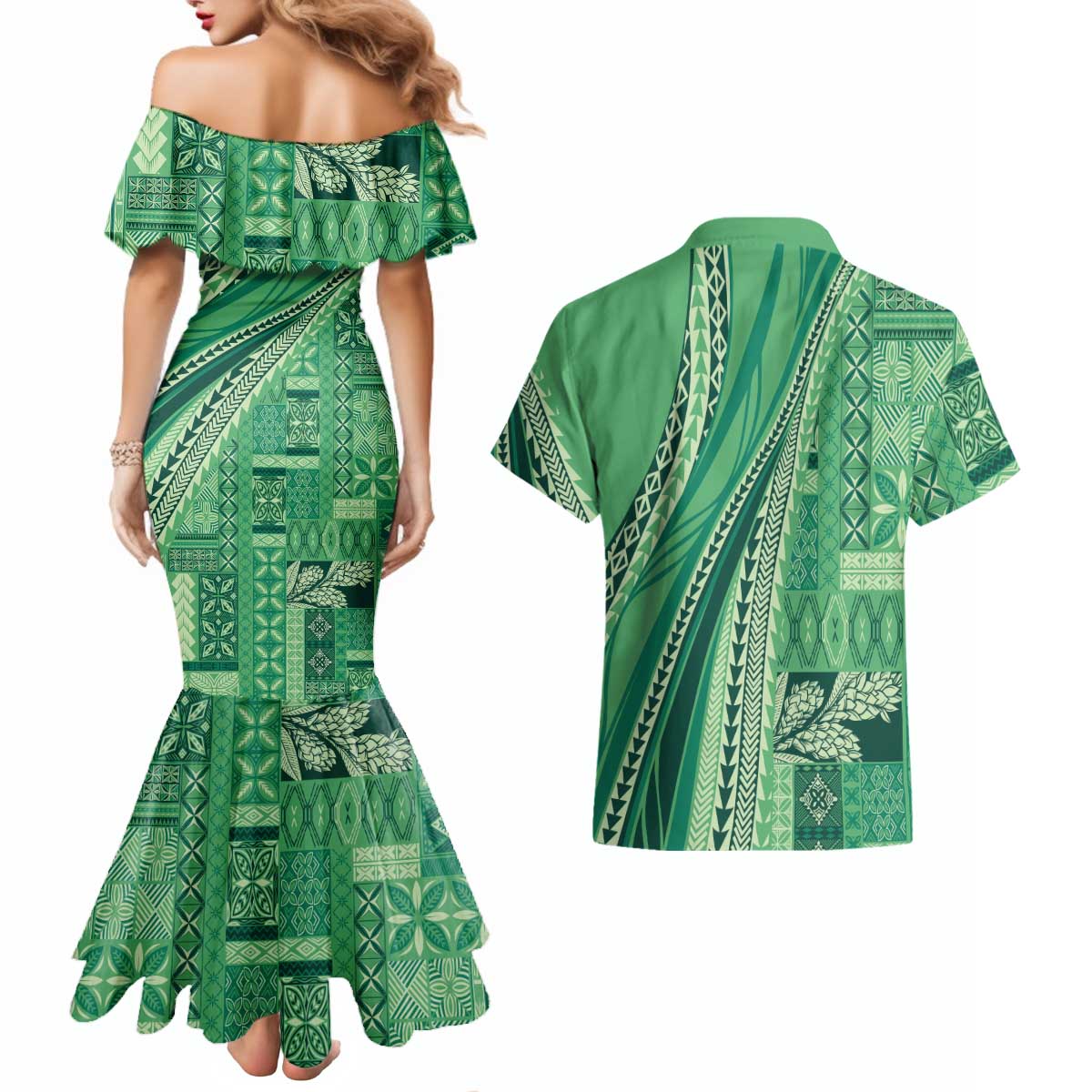 Pasifika Women's Day - Samoa Siapo Malu Tattoo Inspired Couples Matching Mermaid Dress and Hawaiian Shirt Jade
