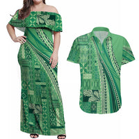 Pasifika Women's Day - Samoa Siapo Malu Tattoo Inspired Couples Matching Off Shoulder Maxi Dress and Hawaiian Shirt Jade