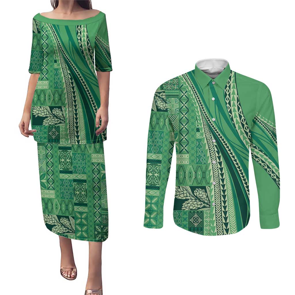Pasifika Women's Day - Samoa Siapo Malu Tattoo Inspired Couples Matching Puletasi and Long Sleeve Button Shirt Jade LT7 Jade - Polynesian Pride