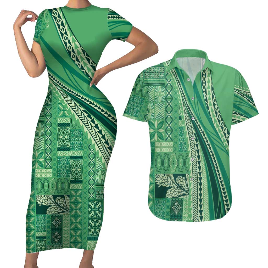 Pasifika Women's Day - Samoa Siapo Malu Tattoo Inspired Couples Matching Short Sleeve Bodycon Dress and Hawaiian Shirt Jade LT7 Jade - Polynesian Pride