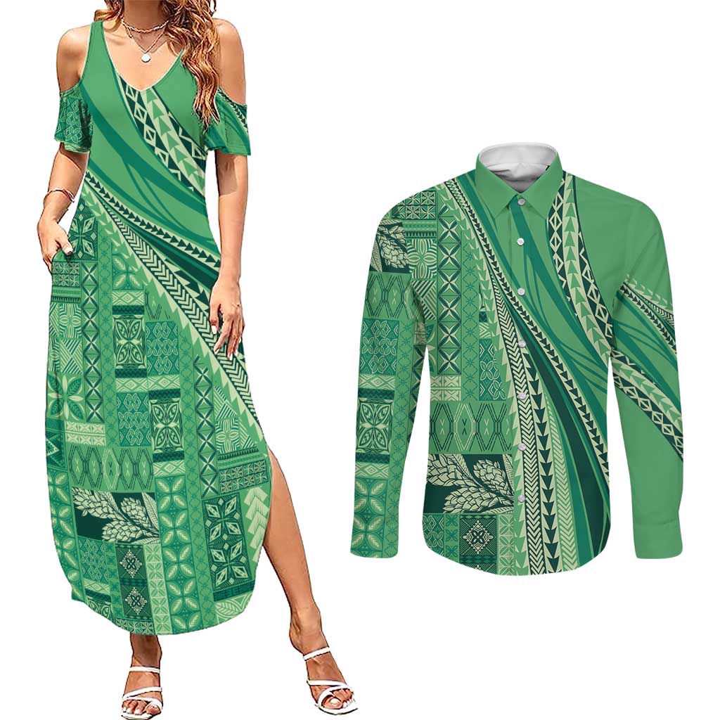 Pasifika Women's Day - Samoa Siapo Malu Tattoo Inspired Couples Matching Summer Maxi Dress and Long Sleeve Button Shirt Jade LT7 Jade - Polynesian Pride