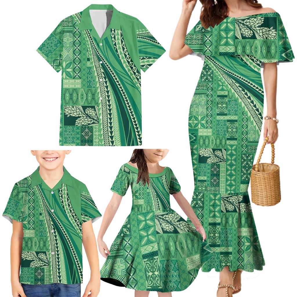 Pasifika Women's Day - Samoa Siapo Malu Tattoo Inspired Family Matching Mermaid Dress and Hawaiian Shirt Jade