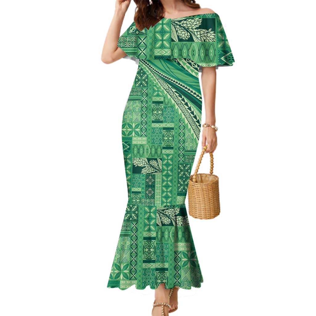 Pasifika Women's Day - Samoa Siapo Malu Tattoo Inspired Family Matching Mermaid Dress and Hawaiian Shirt Jade