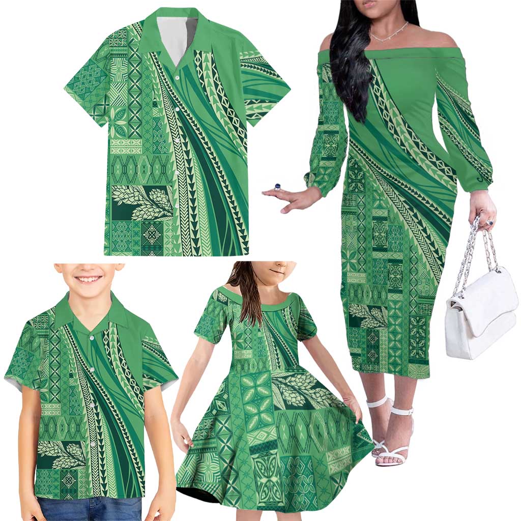 Pasifika Women's Day - Samoa Siapo Malu Tattoo Inspired Family Matching Off The Shoulder Long Sleeve Dress and Hawaiian Shirt Jade LT7 - Polynesian Pride