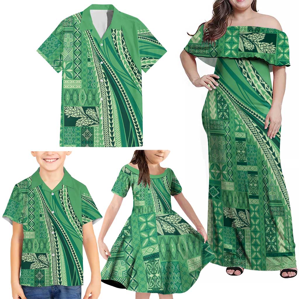 Pasifika Women's Day - Samoa Siapo Malu Tattoo Inspired Family Matching Off Shoulder Maxi Dress and Hawaiian Shirt Jade LT7 - Polynesian Pride