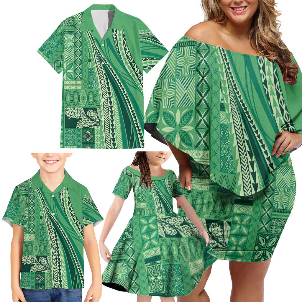 Pasifika Women's Day - Samoa Siapo Malu Tattoo Inspired Family Matching Off Shoulder Short Dress and Hawaiian Shirt Jade LT7 - Polynesian Pride