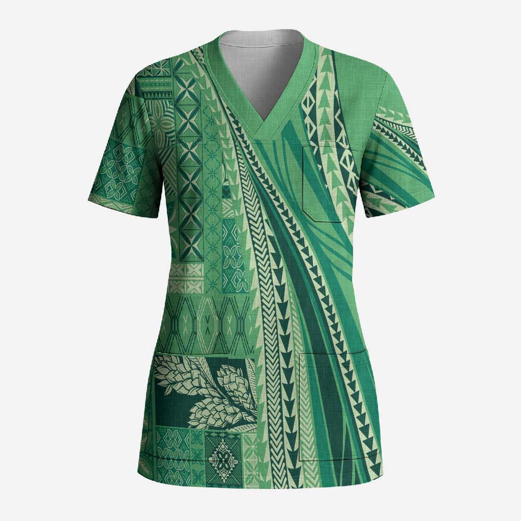 Pasifika Women's Day - Samoa Siapo Malu Tattoo Inspired Scrub Top Jade