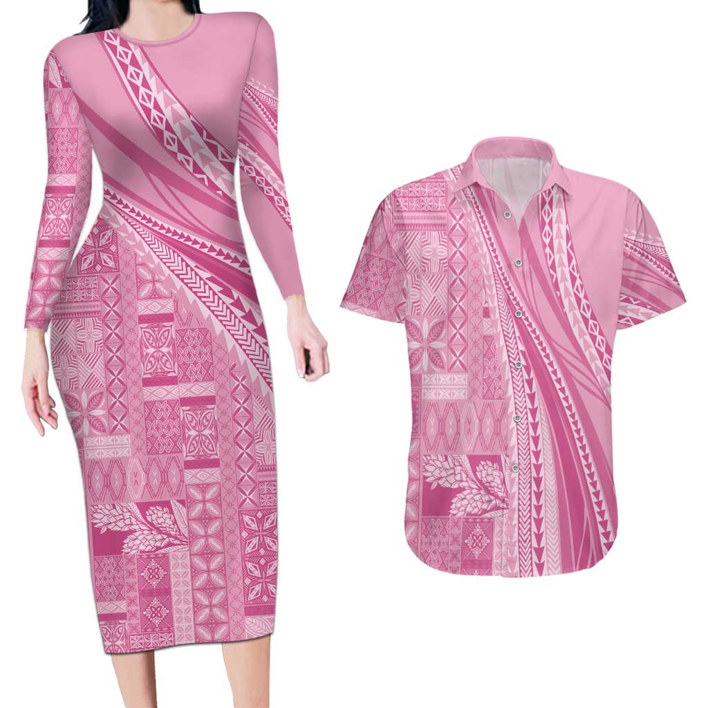 Pasifika Women's Day - Samoa Siapo Malu Tattoo Inspired Couples Matching Long Sleeve Bodycon Dress and Hawaiian Shirt Pink