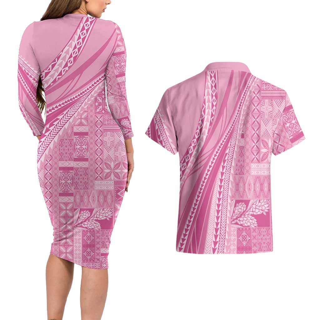 Pasifika Women's Day - Samoa Siapo Malu Tattoo Inspired Couples Matching Long Sleeve Bodycon Dress and Hawaiian Shirt Pink