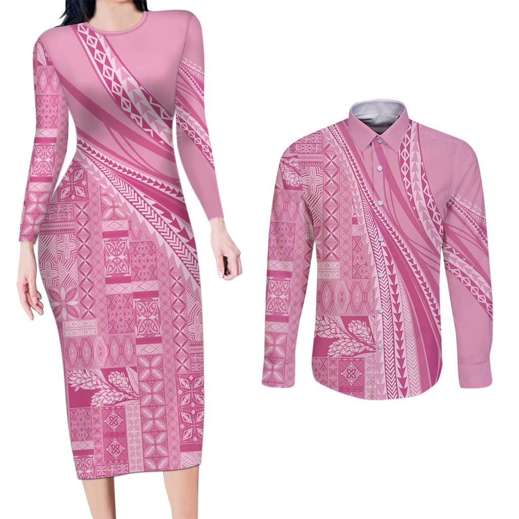 Pasifika Women's Day - Samoa Siapo Malu Tattoo Inspired Couples Matching Long Sleeve Bodycon Dress and Long Sleeve Button Shirt Pink