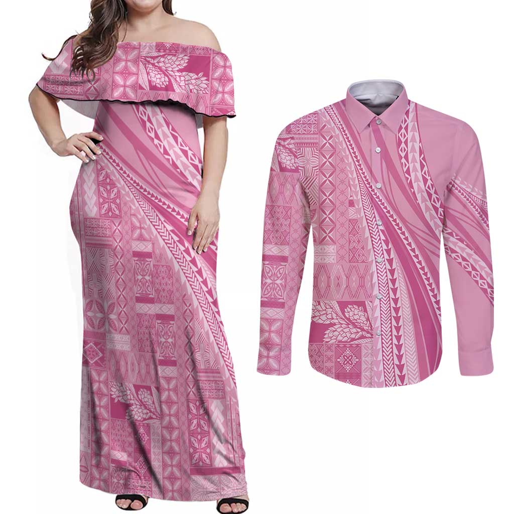 Pasifika Women's Day - Samoa Siapo Malu Tattoo Inspired Couples Matching Off Shoulder Maxi Dress and Long Sleeve Button Shirt Pink
