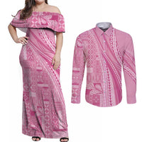 Pasifika Women's Day - Samoa Siapo Malu Tattoo Inspired Couples Matching Off Shoulder Maxi Dress and Long Sleeve Button Shirt Pink
