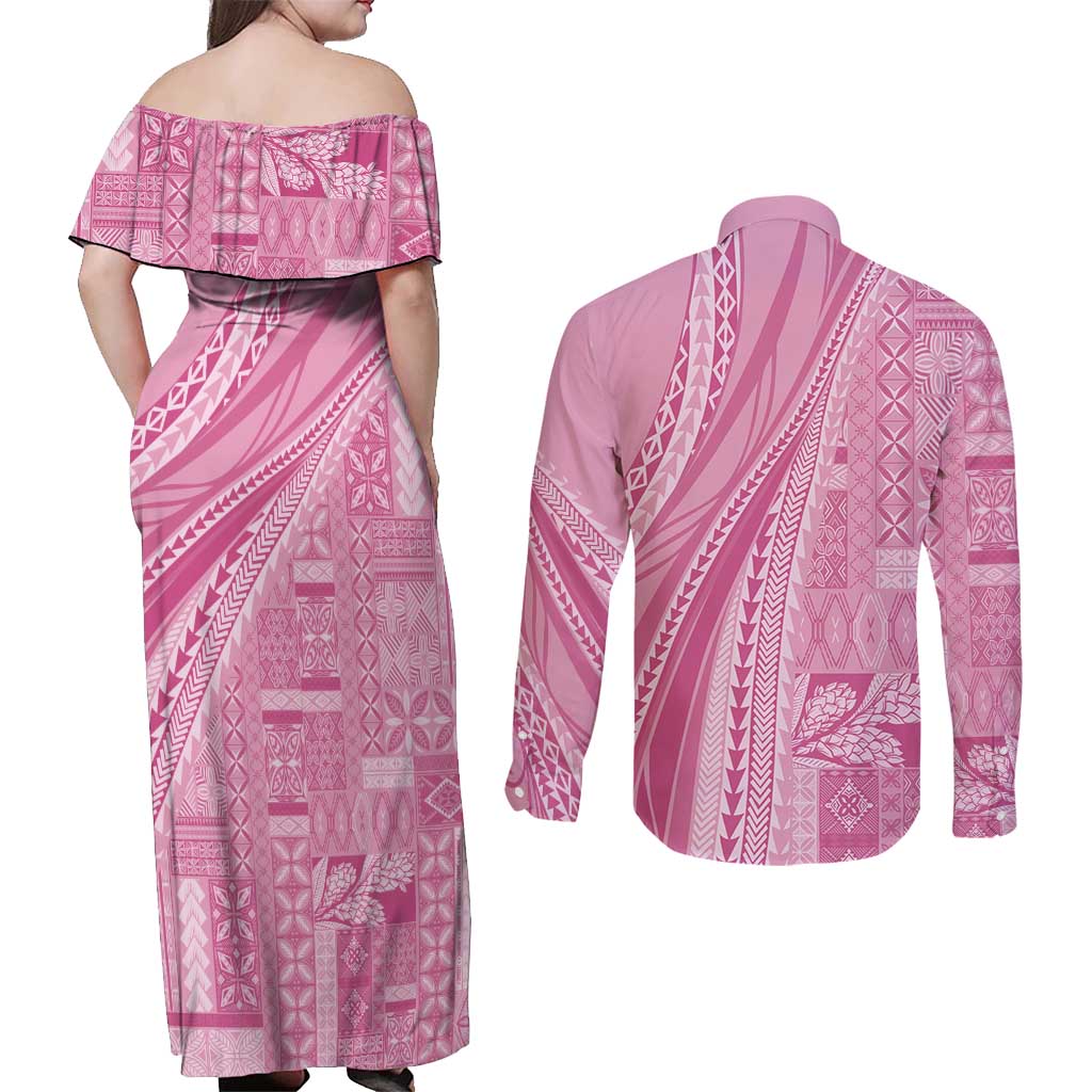 Pasifika Women's Day - Samoa Siapo Malu Tattoo Inspired Couples Matching Off Shoulder Maxi Dress and Long Sleeve Button Shirt Pink
