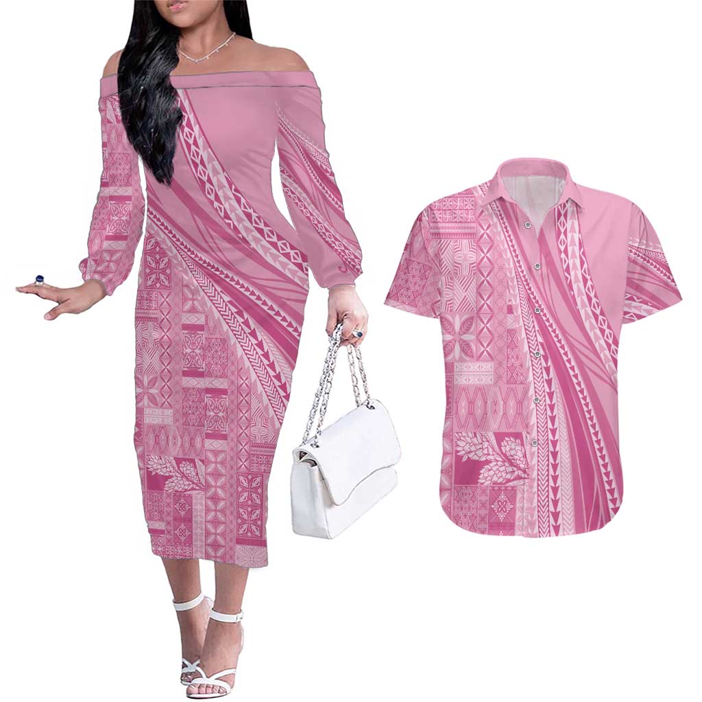 Pasifika Women's Day - Samoa Siapo Malu Tattoo Inspired Couples Matching Off The Shoulder Long Sleeve Dress and Hawaiian Shirt Pink LT7 Pink - Polynesian Pride