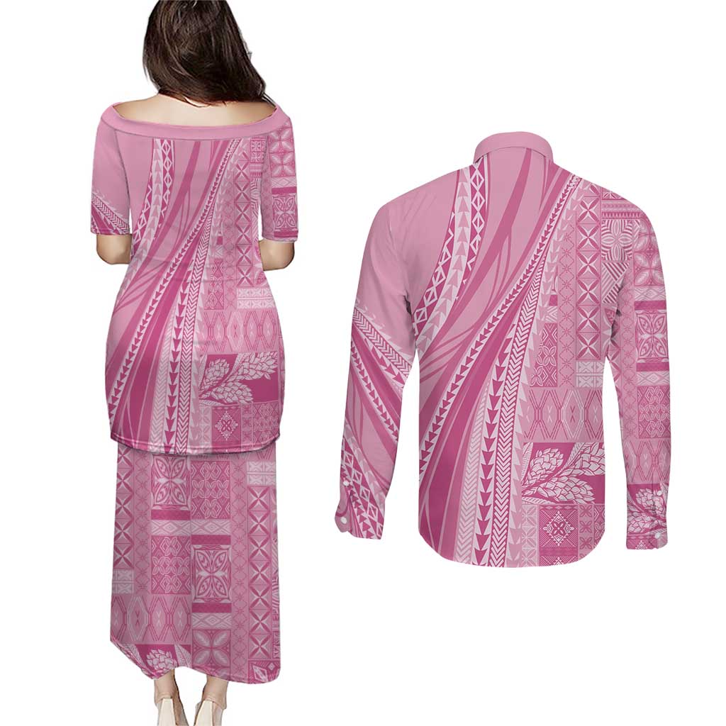 Pasifika Women's Day - Samoa Siapo Malu Tattoo Inspired Couples Matching Puletasi and Long Sleeve Button Shirt Pink LT7 - Polynesian Pride