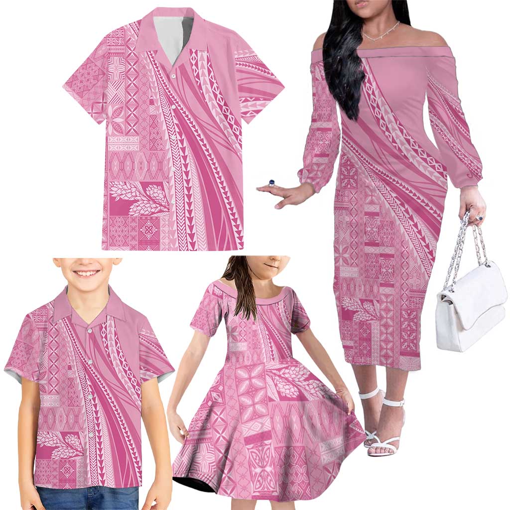 Pasifika Women's Day - Samoa Siapo Malu Tattoo Inspired Family Matching Off The Shoulder Long Sleeve Dress and Hawaiian Shirt Pink LT7 - Polynesian Pride