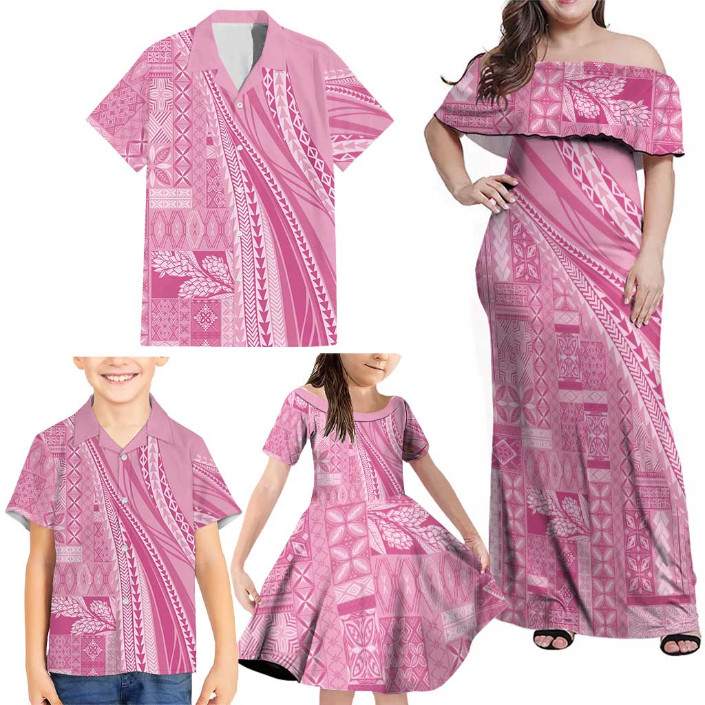 Pasifika Women's Day - Samoa Siapo Malu Tattoo Inspired Family Matching Off Shoulder Maxi Dress and Hawaiian Shirt Pink LT7 - Polynesian Pride