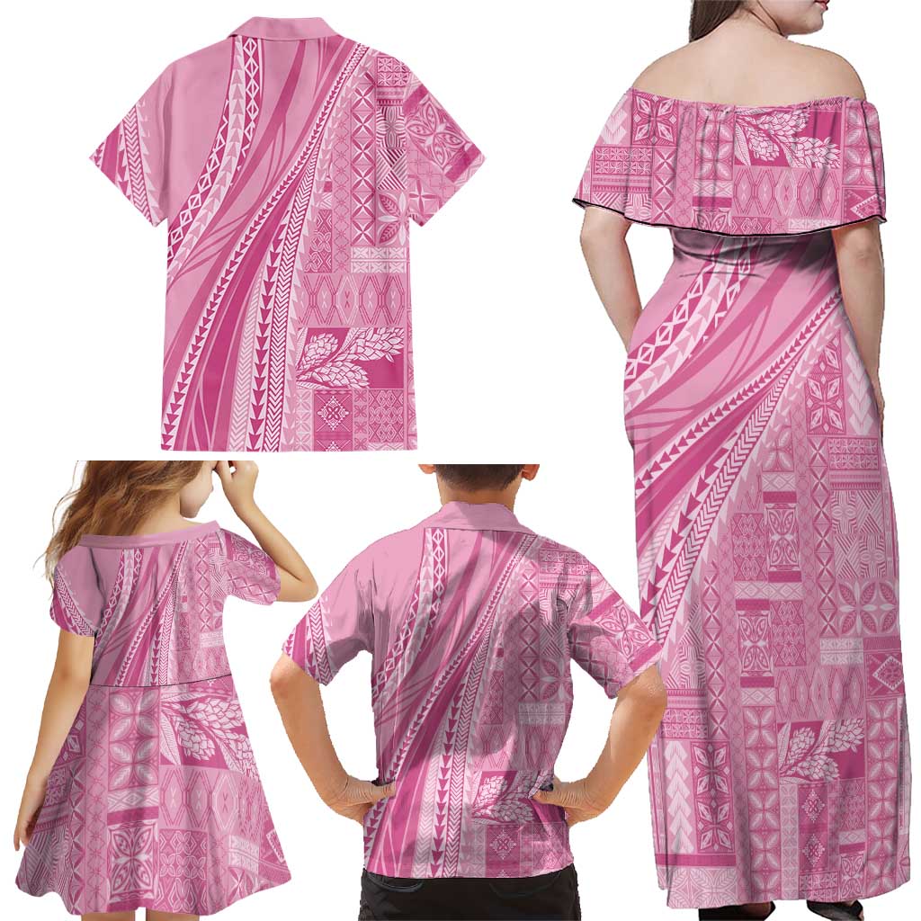 Pasifika Women's Day - Samoa Siapo Malu Tattoo Inspired Family Matching Off Shoulder Maxi Dress and Hawaiian Shirt Pink