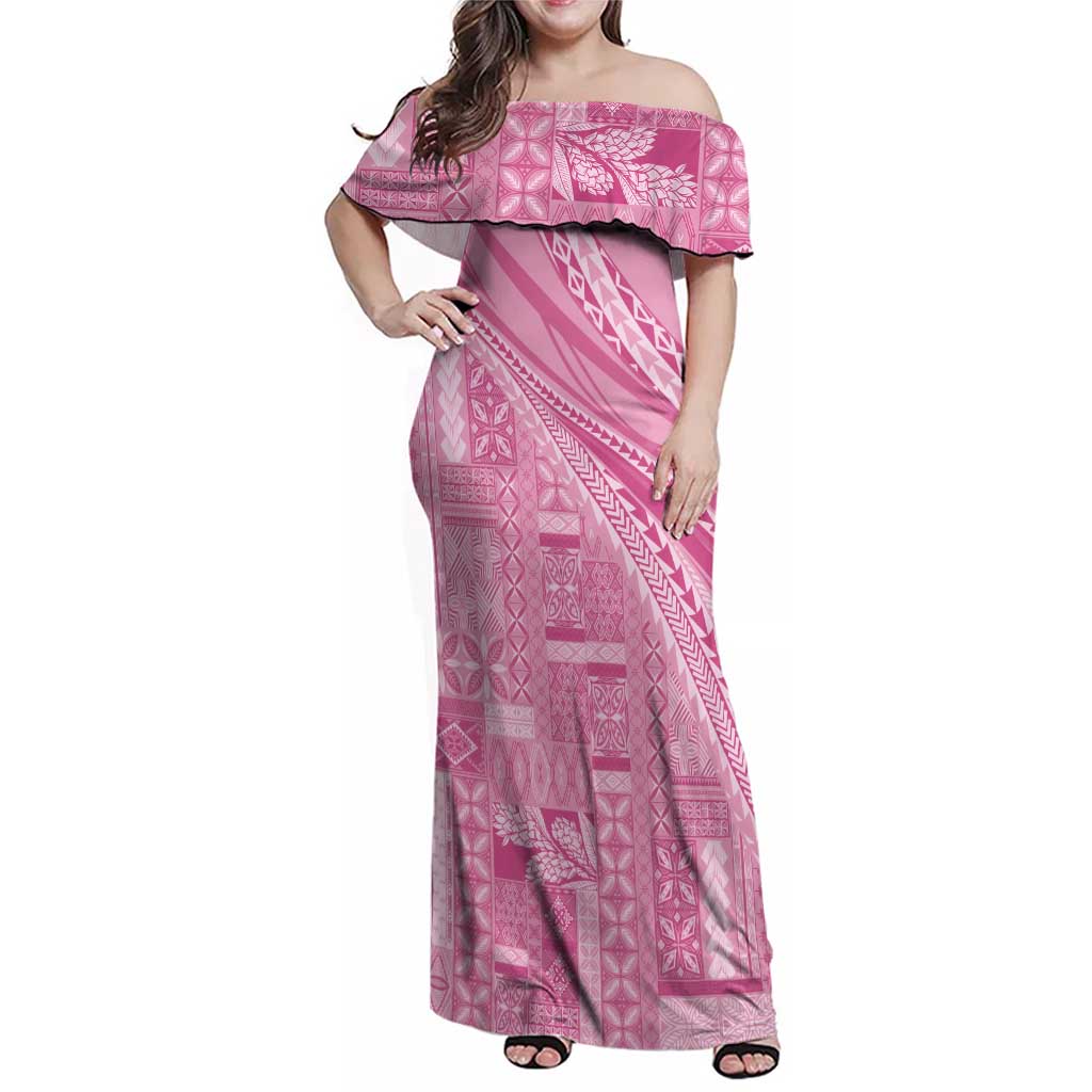 Pasifika Women's Day - Samoa Siapo Malu Tattoo Inspired Family Matching Off Shoulder Maxi Dress and Hawaiian Shirt Pink