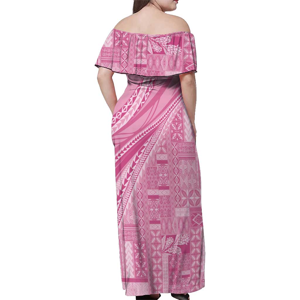 Pasifika Women's Day - Samoa Siapo Malu Tattoo Inspired Family Matching Off Shoulder Maxi Dress and Hawaiian Shirt Pink