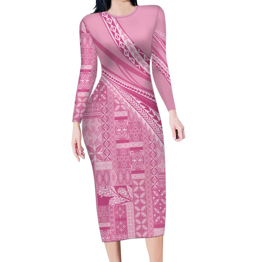 Pasifika Women's Day - Samoa Siapo Malu Tattoo Inspired Long Sleeve Bodycon Dress Pink LT7 Long Dress Pink - Polynesian Pride