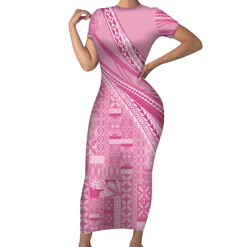 Pasifika Women's Day - Samoa Siapo Malu Tattoo Inspired Short Sleeve Bodycon Dress Pink LT7 Long Dress Pink - Polynesian Pride